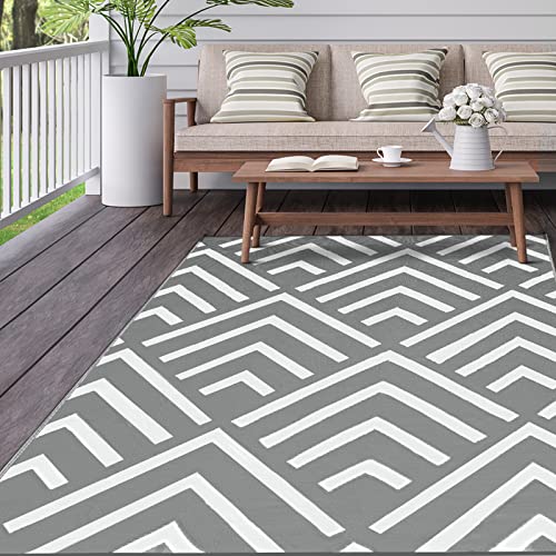 Kohree Outdoor Rug 9x12, Clearance Waterproof for Camping, Reversible Plastic Straw Mats, Rv, Porch, Deck, Camper, Balcony, Grey & White