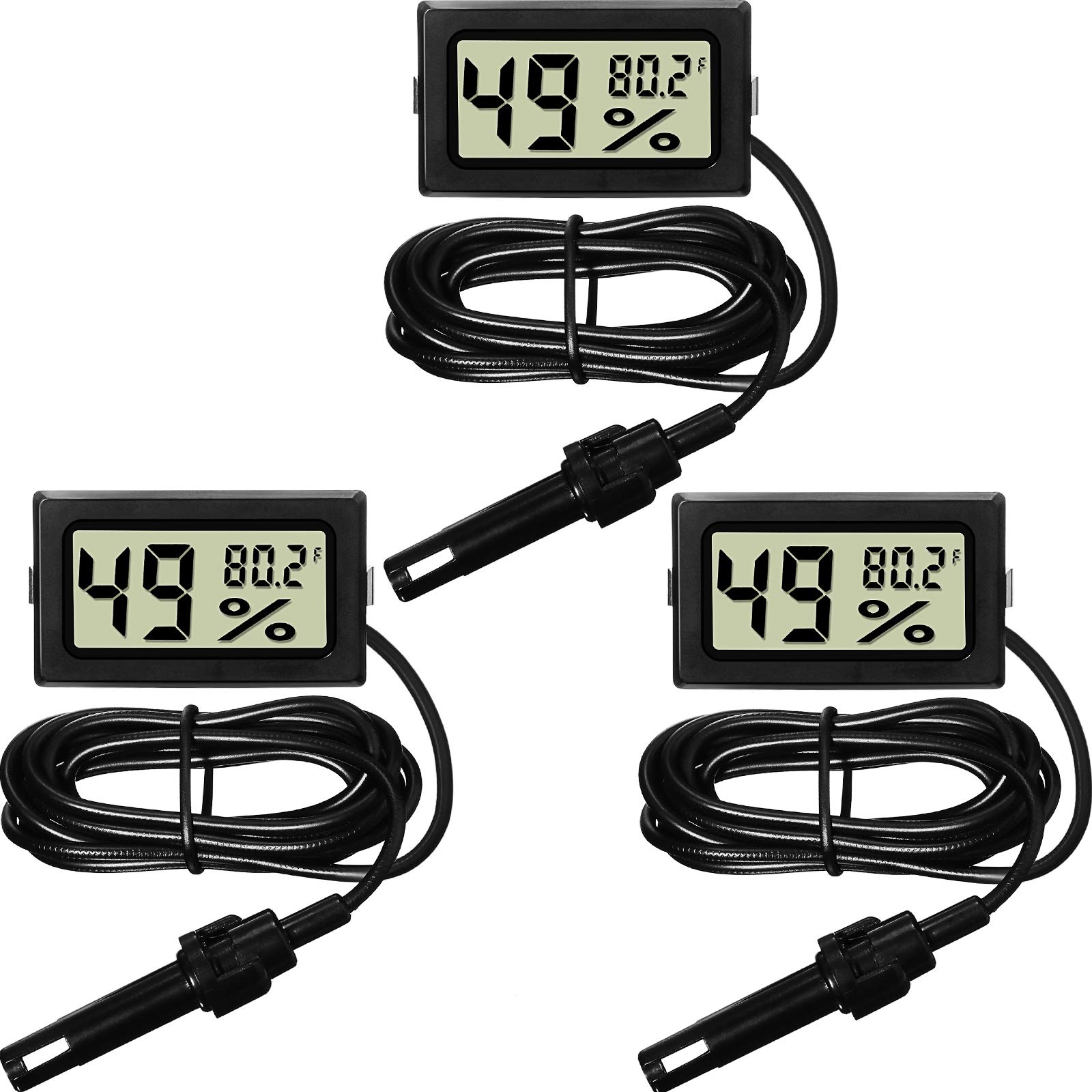 Mini Digital Temperature Humidity Meters Gauge with Probe Gauge LCD Fahrenheit Display Thermometer Hygrometer for Incubator Reptile Plant Tank Greenhouse Jars Garden Cellar(Black, 3 Pieces)