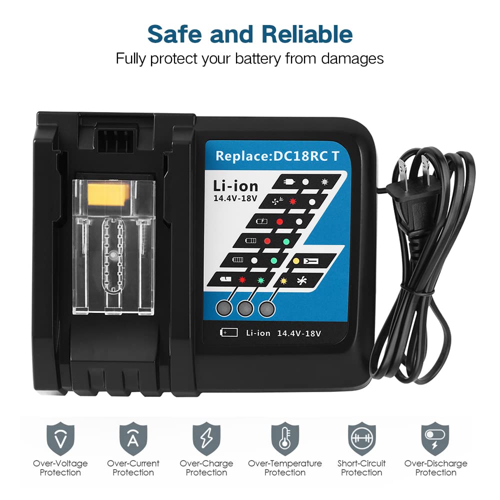 Fast DC18RC Charger Replacement for Makita 14.4V-18V Lithium-ion Battery LXT Compatible with Makita BL1815 BL1830 BL1840 BL1845 BL1850 BL1860 Batteries Charger