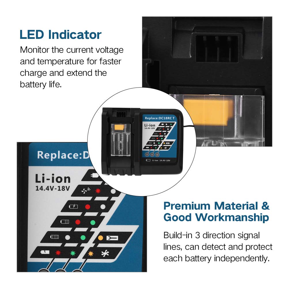 Fast DC18RC Charger Replacement for Makita 14.4V-18V Lithium-ion Battery LXT Compatible with Makita BL1815 BL1830 BL1840 BL1845 BL1850 BL1860 Batteries Charger