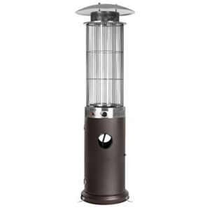 golden flame resort model outdoor propane patio heater | 40,000 btu | round spiral-flame glass tube | anti-tilt and safety shut-off | residential and commercial | includes wheels | matte mocha finish