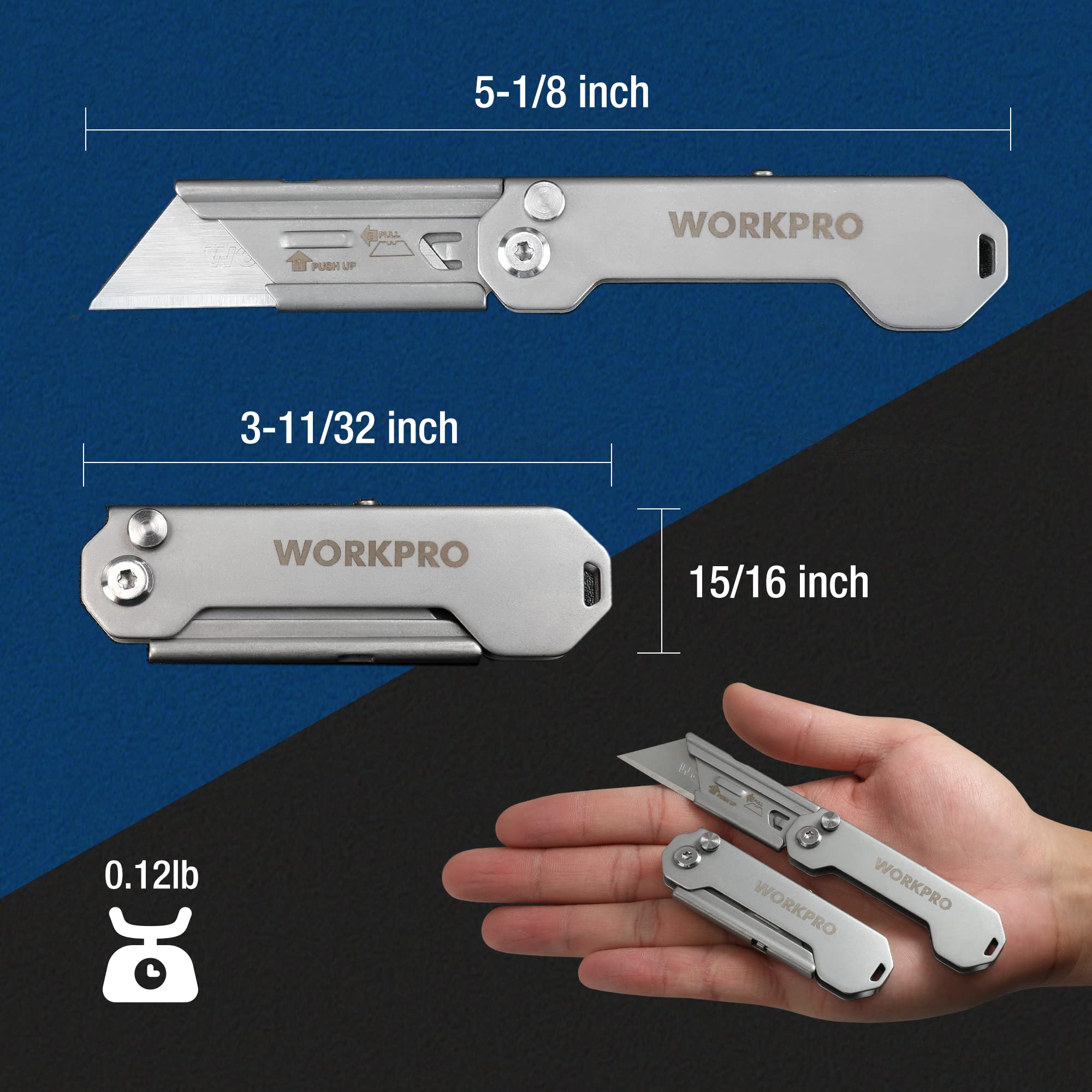 WORKPRO 3-Pack Folding Utility Knife, Quick Change Blades Box Cutter, EDC Foldable Pocket Utility Knife Sets with Belt Clip