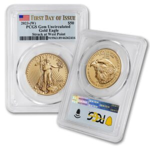 2023 (w) 1 oz american eagle gold bullion coin gem uncirculated (first day of issue - struck at west point - flag label) 22k $50 pcgs gemunc