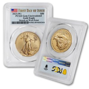 2023 (W) 1 oz American Eagle Gold Bullion Coin Gem Uncirculated (First Day of Issue - Struck at West Point - Flag Label) 22K $50 PCGS GEMUNC