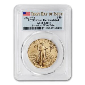 2023 (W) 1 oz American Eagle Gold Bullion Coin Gem Uncirculated (First Day of Issue - Struck at West Point - Flag Label) 22K $50 PCGS GEMUNC