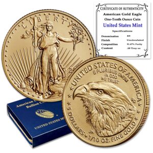 mint state gold 2023 1/10 oz american eagle gold bullion coin brilliant uncirculated with original united states mint box and a certificate of authenticity $5 seller bu