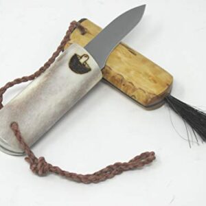 Outdoor Merchants, Made in Finland Kellam Knives Mushroom Pocket Fixed Blade Knife Mushroom Forage Tool Reindeer Antler and Curly Birch, Wood