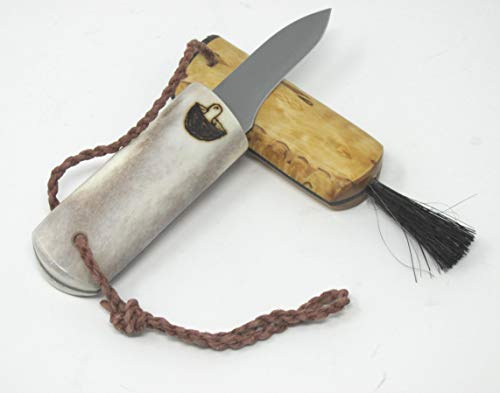 Outdoor Merchants, Made in Finland Kellam Knives Mushroom Pocket Fixed Blade Knife Mushroom Forage Tool Reindeer Antler and Curly Birch, Wood