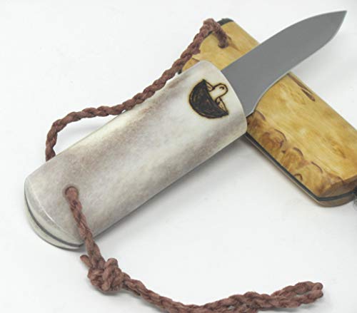 Outdoor Merchants, Made in Finland Kellam Knives Mushroom Pocket Fixed Blade Knife Mushroom Forage Tool Reindeer Antler and Curly Birch, Wood