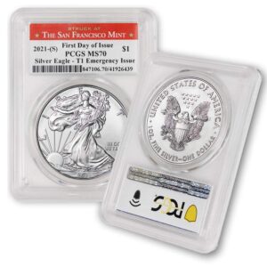 2021 (s) 1 oz american silver eagle coin ms-70 (first day of issue - type-1 - emergency issue - struck at the san francisco mint) $1 ms70 pcgs