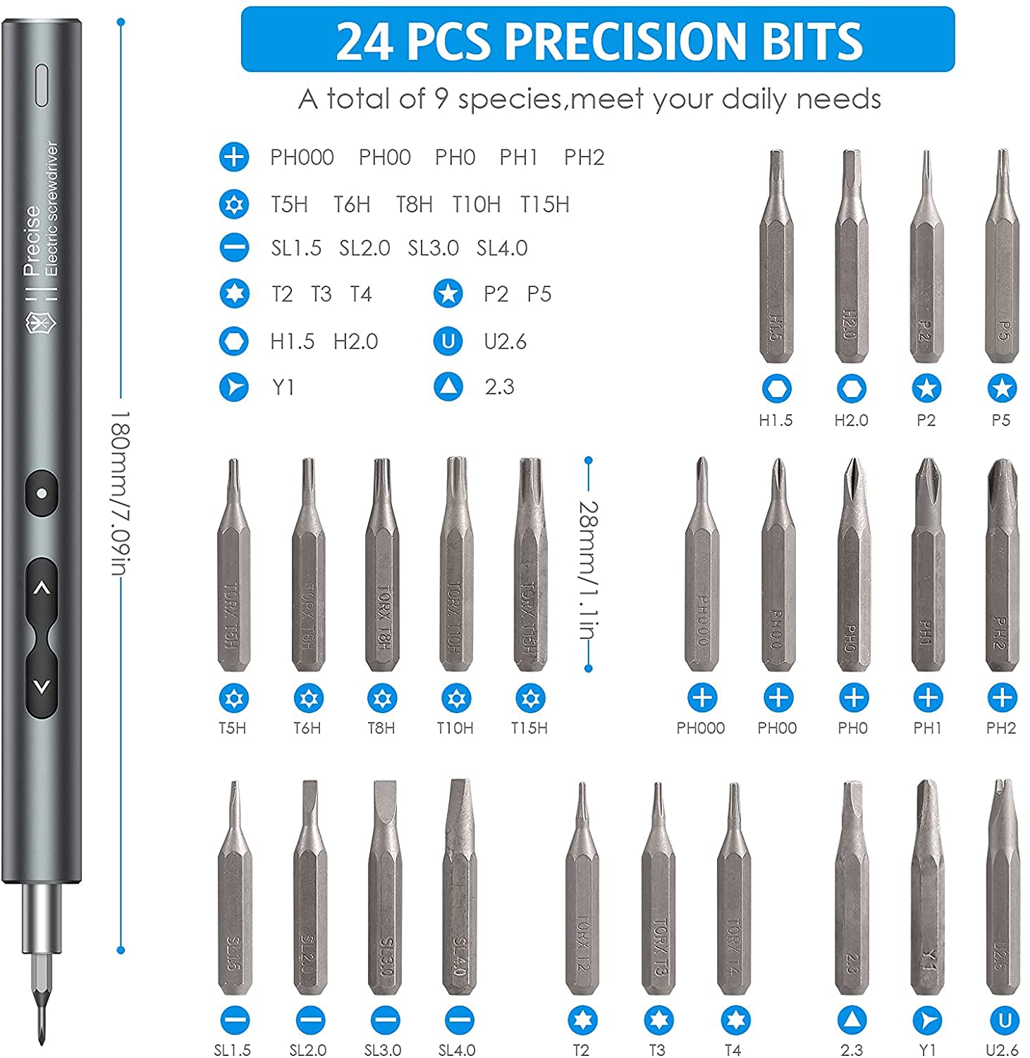 AMIR Electric Screwdriver 28-in-1 Cordless Mini Power Precision Screwdriver Set with 24 Bits, Rechargeable Repair Tool Kit for Phones Watch Laptops