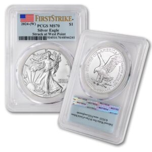 2024 1 oz american silver eagle coin ms-70 (first strike - flag label - struck at west point) $1 pcgs ms70