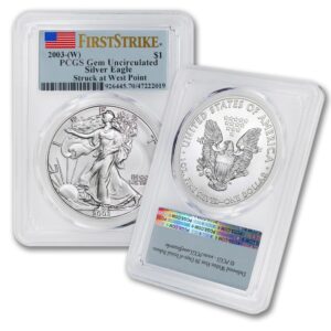 2003 (w) 1 oz american silver eagle coin gem uncirculated (first strike - struck at west point - flag label) $1 gemunc pcgs