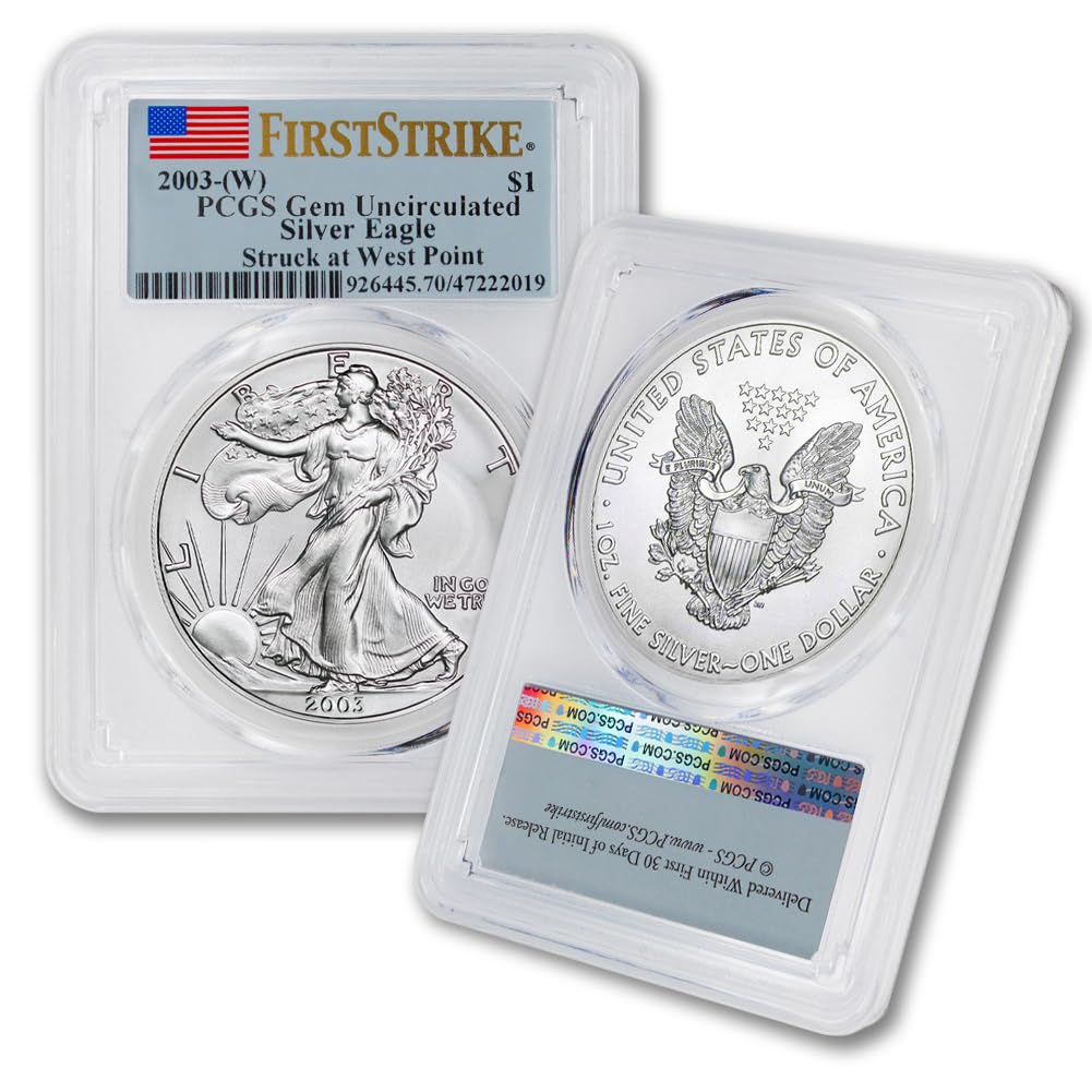 2003 (W) 1 oz American Silver Eagle Coin Gem Uncirculated (First Strike - Struck at West Point - Flag Label) $1 GEMUNC PCGS