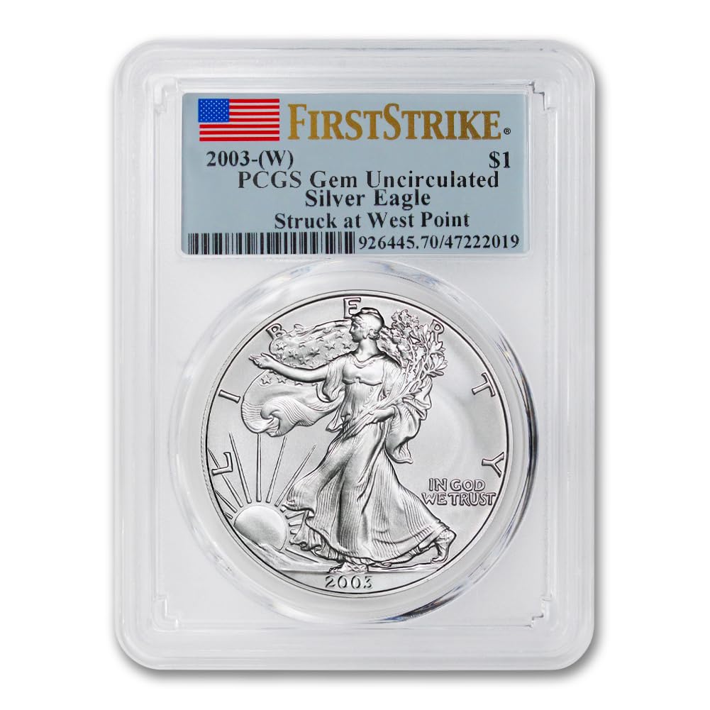 2003 (W) 1 oz American Silver Eagle Coin Gem Uncirculated (First Strike - Struck at West Point - Flag Label) $1 GEMUNC PCGS