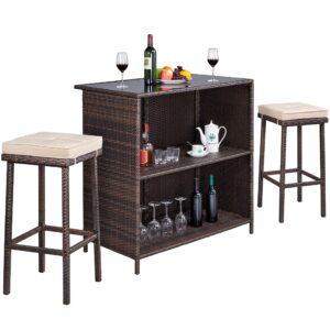 yaheetech 3pcs patio bar set, outdoor wicker bar furniture with 2 storage shelves, glass top table, removable cushions and two stools for backyards, porches, gardens or poolside