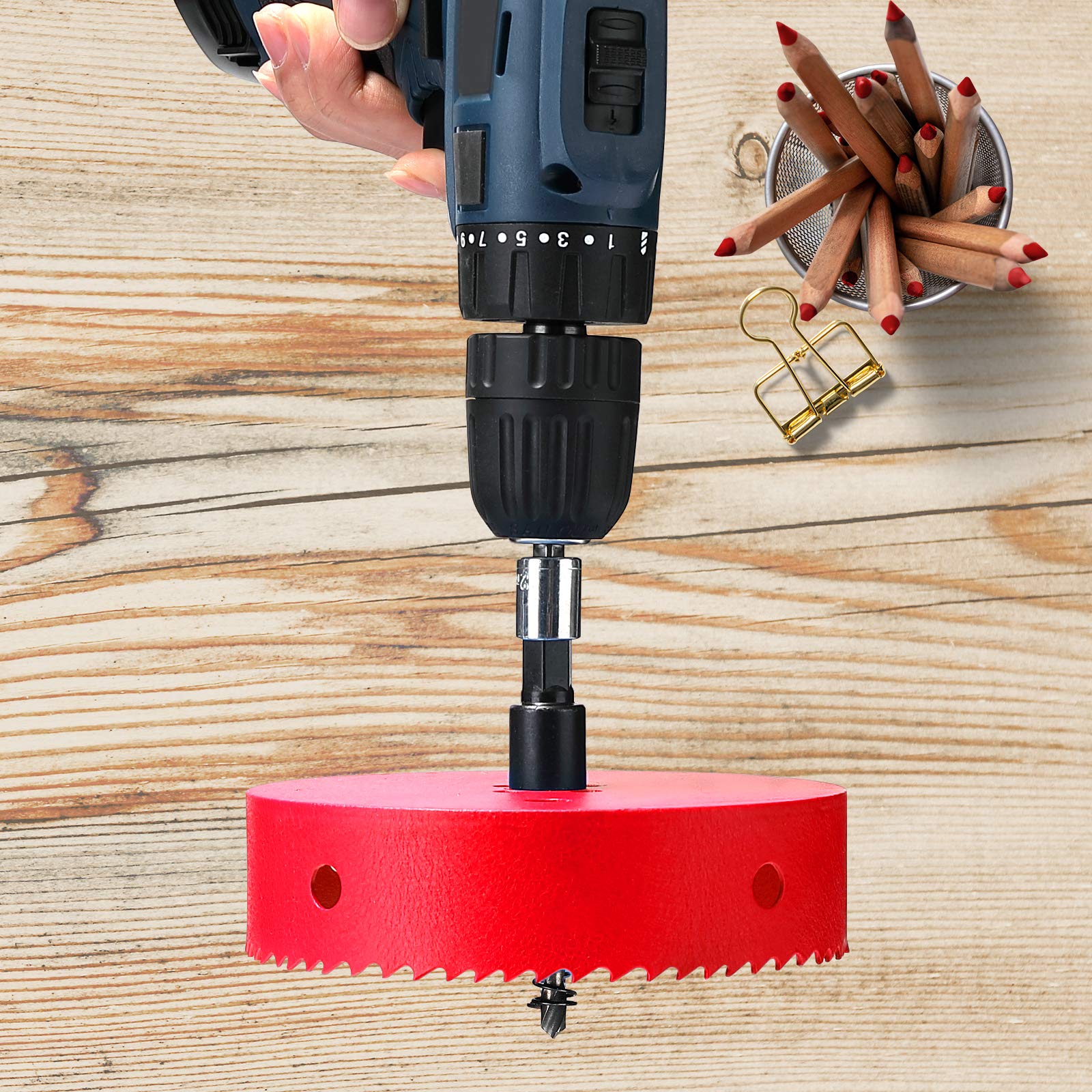 6 1/8 Inch HSS BI-Metal Hole Saw, 1 3/16 inch Cutting Depth Hole Cutter with Hex Shank Drill Bit Adapter for Wood Cornhole Boards Plastic Drywall Fiberboard Can Light Recessed Light, Red