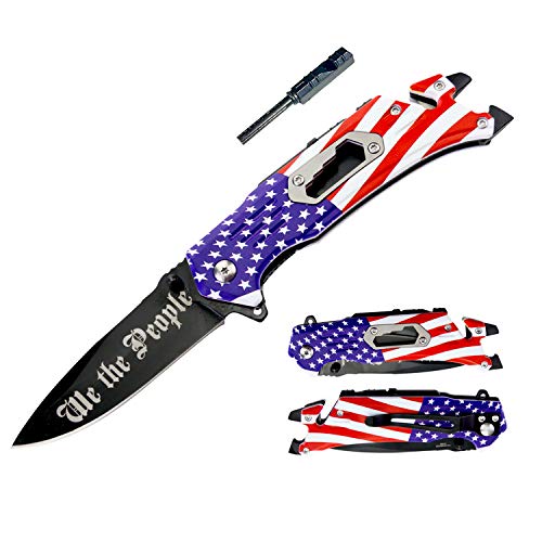 Blazing Steel 8 Inches Folding Knife I Drop Point Straight Edge I American Flag Handle I Camping I Outdoor I Hunting I EDC Pocket Knife I Proud of America Knife (American Flag)