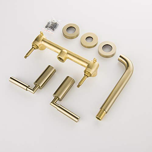 RBROHANT Brushed Gold Wall Mount Bathroom Faucet, Wall Mounted Sink Faucet, Dual Handle, Solid Brass, Rough-in Valve Included