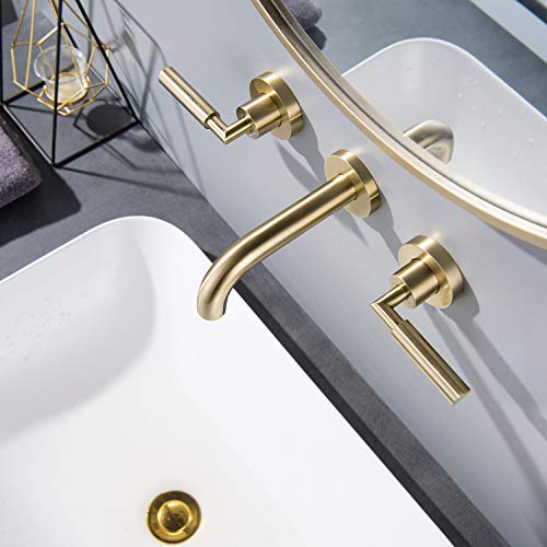 RBROHANT Brushed Gold Wall Mount Bathroom Faucet, Wall Mounted Sink Faucet, Dual Handle, Solid Brass, Rough-in Valve Included