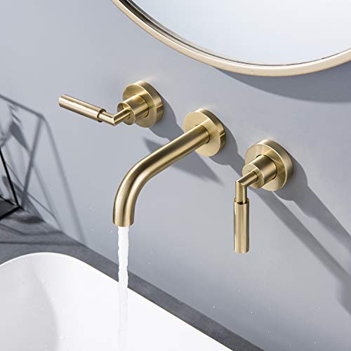 RBROHANT Brushed Gold Wall Mount Bathroom Faucet, Wall Mounted Sink Faucet, Dual Handle, Solid Brass, Rough-in Valve Included