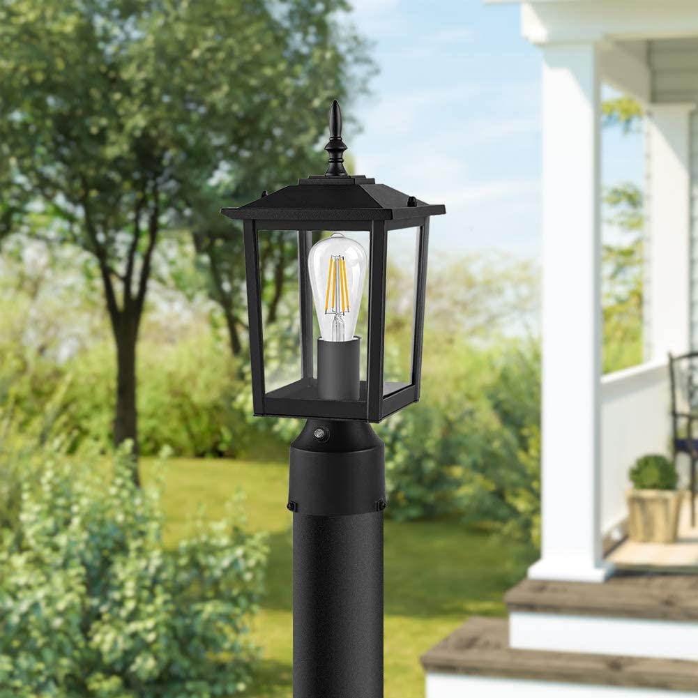 CINOTON Dusk to Dawn Outdoor Post Light Fixtures, Modern Exterior Post Lantern 6-Inch with Pier Mount Base, Aluminum Lamp with Clear Glass Waterproof for Garden Patio Pathway Deck