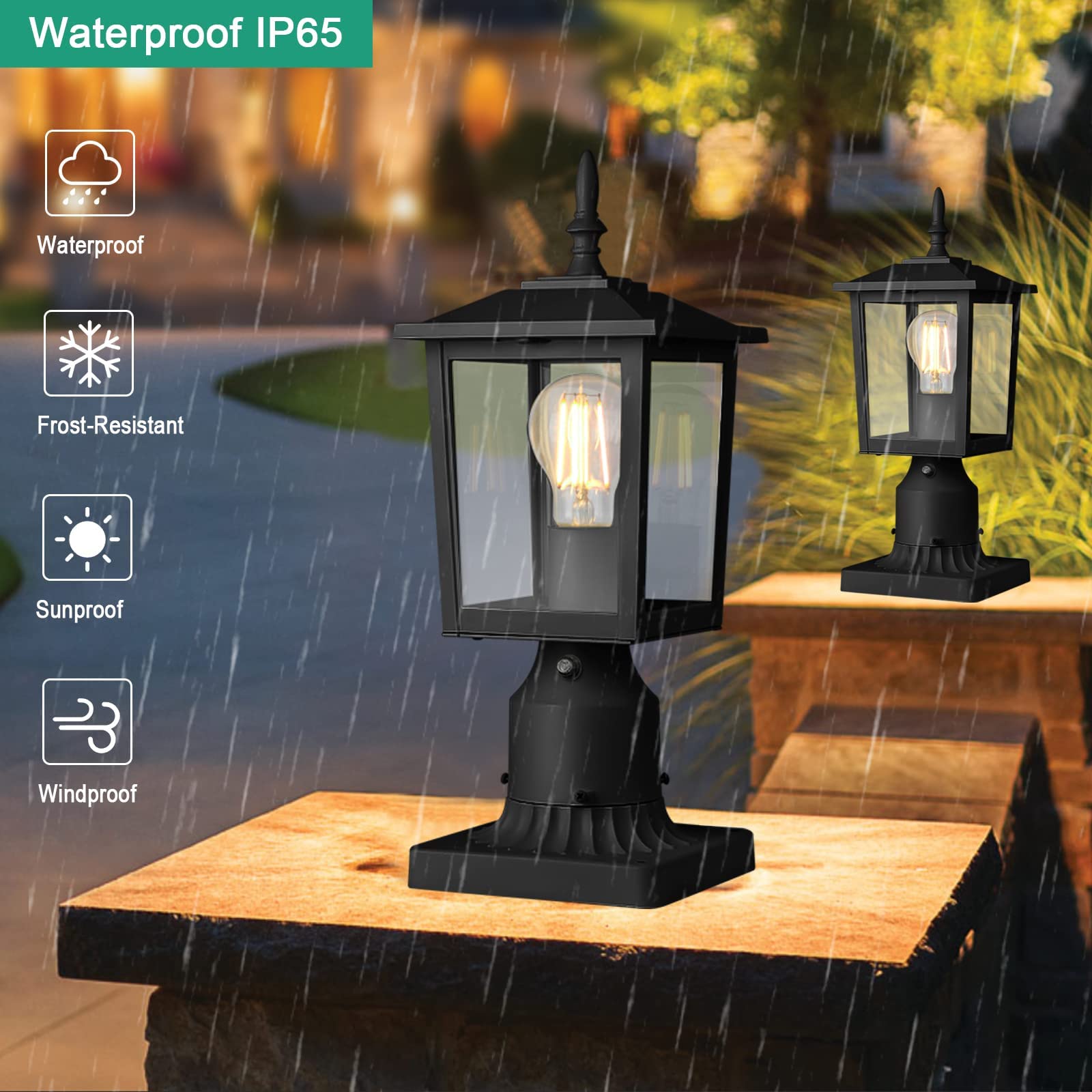 CINOTON Dusk to Dawn Outdoor Post Light Fixtures, Modern Exterior Post Lantern 6-Inch with Pier Mount Base, Aluminum Lamp with Clear Glass Waterproof for Garden Patio Pathway Deck