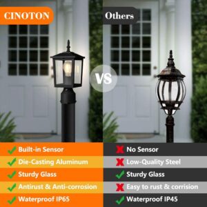 CINOTON Dusk to Dawn Outdoor Post Light Fixtures, Modern Exterior Post Lantern 6-Inch with Pier Mount Base, Aluminum Lamp with Clear Glass Waterproof for Garden Patio Pathway Deck