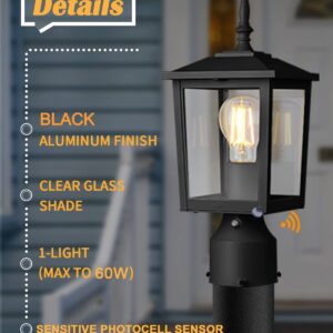 CINOTON Dusk to Dawn Outdoor Post Light Fixtures, Modern Exterior Post Lantern 6-Inch with Pier Mount Base, Aluminum Lamp with Clear Glass Waterproof for Garden Patio Pathway Deck