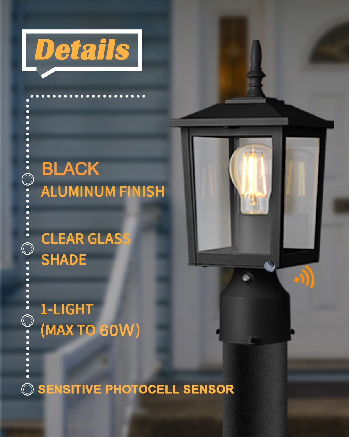 CINOTON Dusk to Dawn Outdoor Post Light Fixtures, Modern Exterior Post Lantern 6-Inch with Pier Mount Base, Aluminum Lamp with Clear Glass Waterproof for Garden Patio Pathway Deck