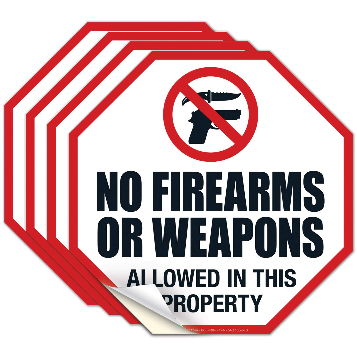 Sigo Signs - No Firearms Or Weapons Allowed in This Property Sign, (4 Pack) 5.5x5.5 Inches, 4 Mil Vinyl Decal Stickers UV Protected, Made in USA