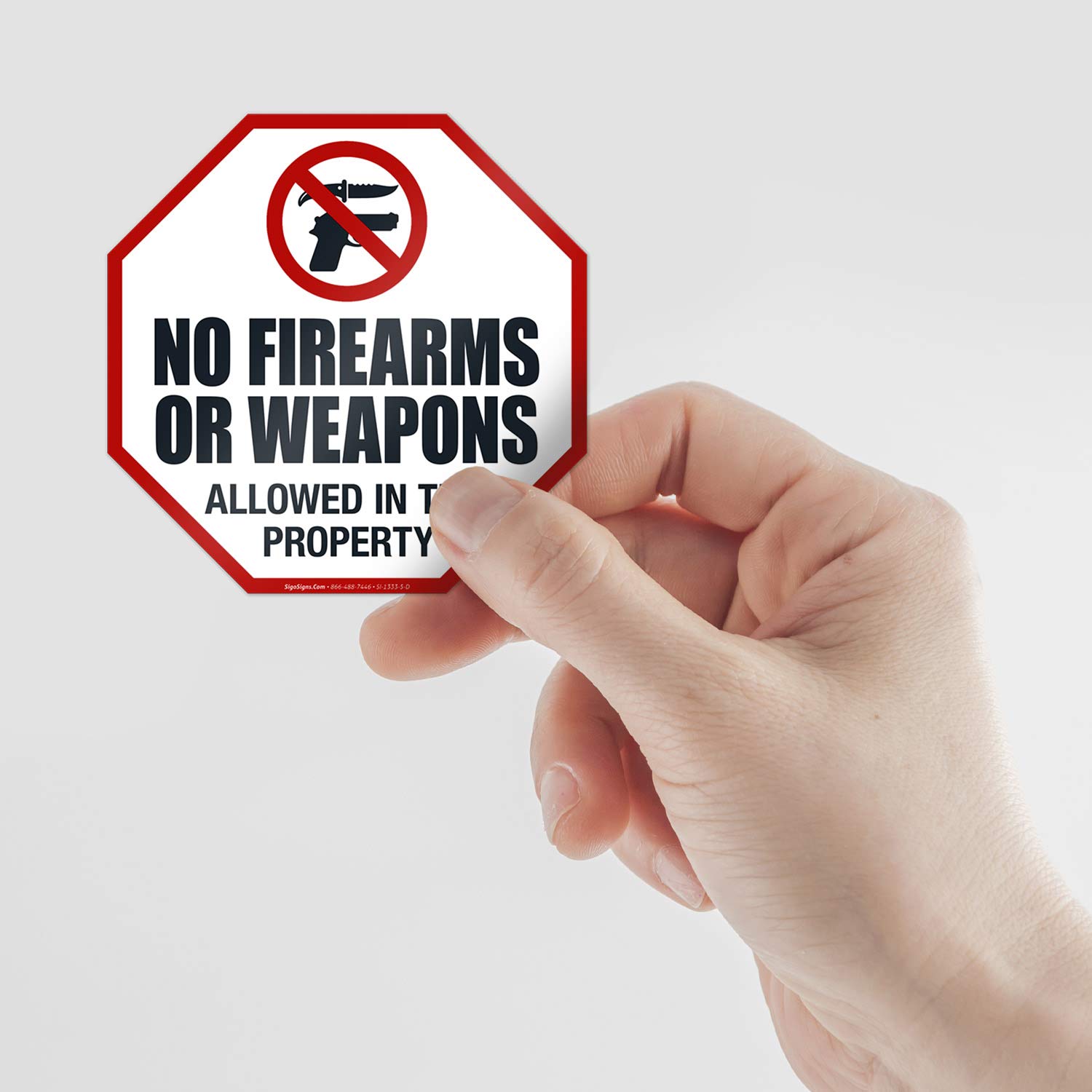 Sigo Signs - No Firearms Or Weapons Allowed in This Property Sign, (4 Pack) 5.5x5.5 Inches, 4 Mil Vinyl Decal Stickers UV Protected, Made in USA