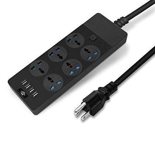 MAOZUA Universal Power Strip with 6 Oulets and 4 USB, 6.5ft Extension Cord 3000W Universal Power Strip Surge Protector 110V-250V Extension Lead for Home Office Dorm Room (Black)