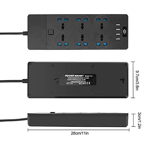 MAOZUA Universal Power Strip with 6 Oulets and 4 USB, 6.5ft Extension Cord 3000W Universal Power Strip Surge Protector 110V-250V Extension Lead for Home Office Dorm Room (Black)