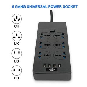 MAOZUA Universal Power Strip with 6 Oulets and 4 USB, 6.5ft Extension Cord 3000W Universal Power Strip Surge Protector 110V-250V Extension Lead for Home Office Dorm Room (Black)