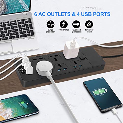 MAOZUA Universal Power Strip with 6 Oulets and 4 USB, 6.5ft Extension Cord 3000W Universal Power Strip Surge Protector 110V-250V Extension Lead for Home Office Dorm Room (Black)