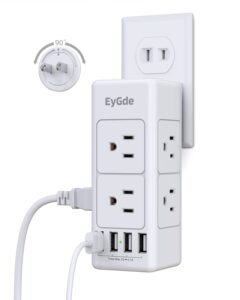 2 prong power strip with rotating plug, eygde multi plug outlet extender, multiple outlet splitter(3 sided 6 sockets) and 4 usb ports, wall adapter surge protector (1700j) for travel, office, white