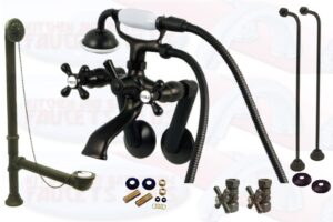 oil rubbed bronze vintage wall mount clawfoot tub filler kit with drain, single offset water suppies, floor stops and connection fittings - model kbfp-cck269orb-so