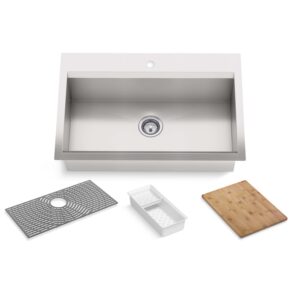 KOHLER Task Kitchen Sink, Stainless Steel Dual Mount Single Bowl, 33" Workstation Sink, 1 hole faucet, K-80084-1PC-NA