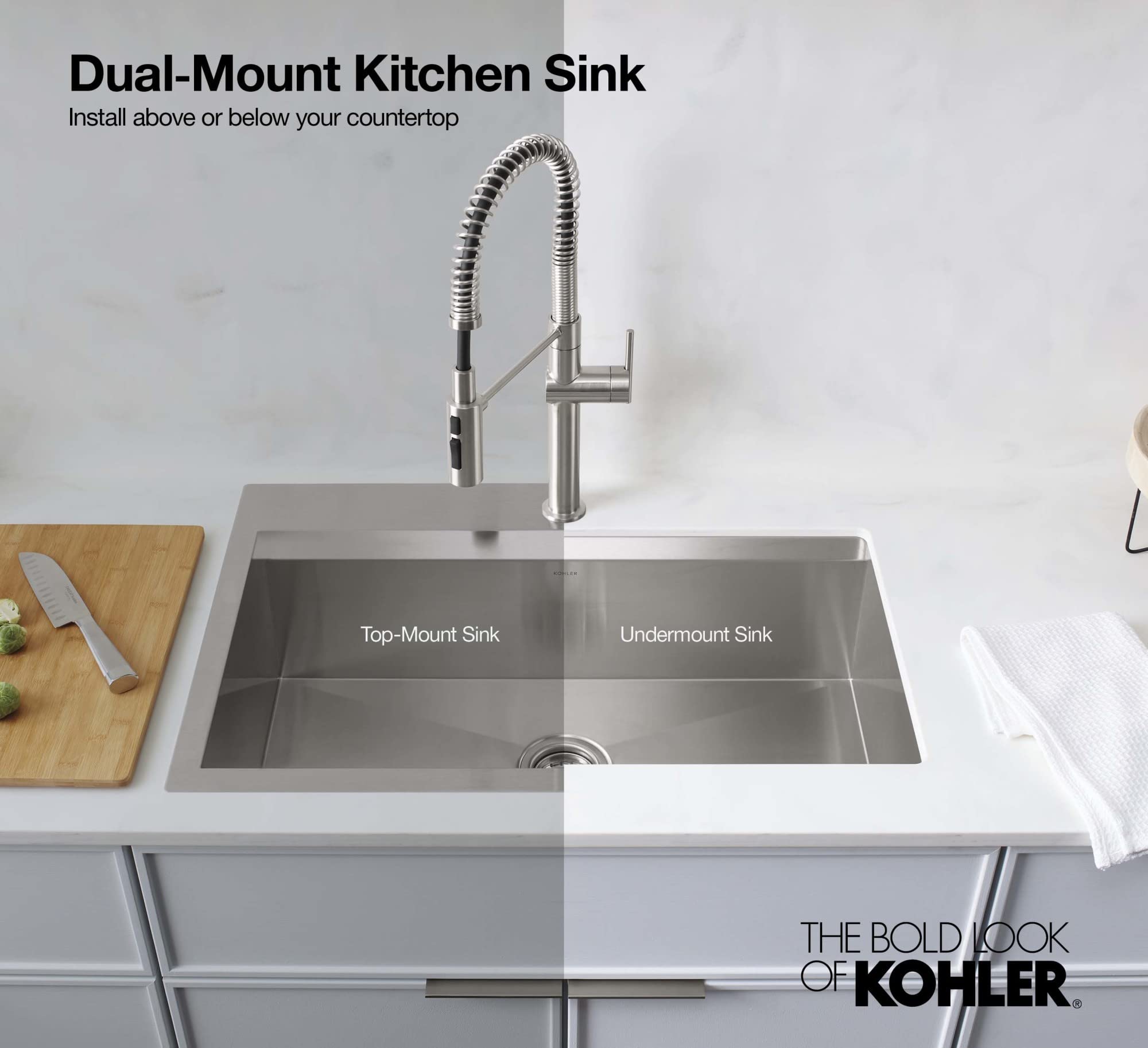 KOHLER Task Kitchen Sink, Stainless Steel Dual Mount Single Bowl, 33" Workstation Sink, 1 hole faucet, K-80084-1PC-NA