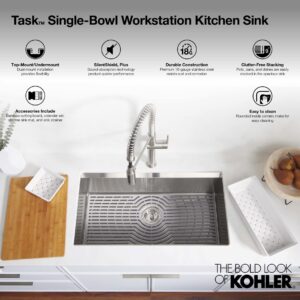 KOHLER Task Kitchen Sink, Stainless Steel Dual Mount Single Bowl, 33" Workstation Sink, 1 hole faucet, K-80084-1PC-NA