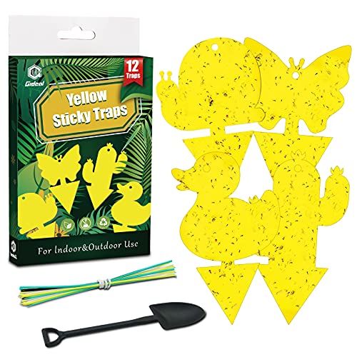 Gideal 12-Pack Dual-Sided Yellow Sticky Traps for Indoor/Outdoor Use, Gnat Trap for Flying Plant Insect Such as Fungus Gnats, Whiteflies, Aphids, Fruit Fly, Leafminers, etc - Cute Shapes