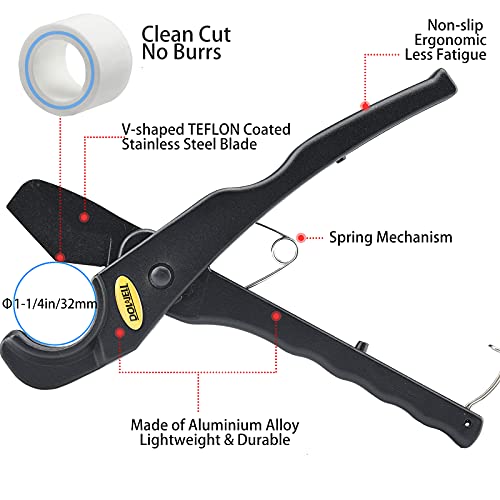 DOWELL PVC Pipe Cutter Spring Drive Pipe and Tube Cutter Cutting Tool Teflon Blade for Pex PVC PPR Plastic Pipe Outer-Dia upto 1-1/4inch 0-32mm HY040303