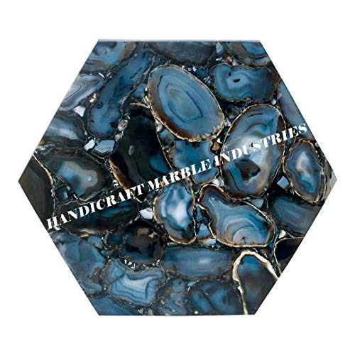 Blue Agate Stone Hexagonal Side Table Top, Blue Agate Stone Hexagonal Coffee Table Top, Centre Table Top, Hallway Table Top, Blue Agate Table Top - Furniture Agate - Gemstone, Piece Of Conversation