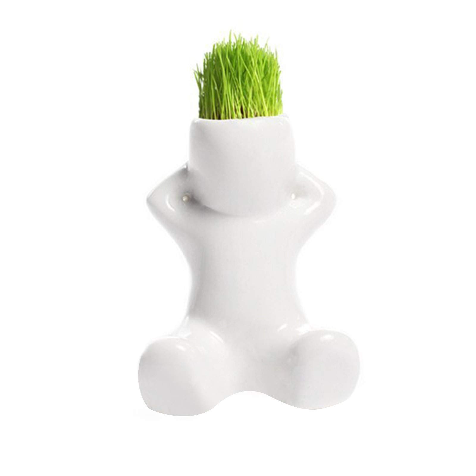 Lincox Mini Bonsai Head Grass Doll Hair White Ceramic Plant Garden, Tree Doll Grass Pot, Ceramic Air Head People Planters Air Plant Holders Table Top Display for Mini Plants Home Garden Decor (B)