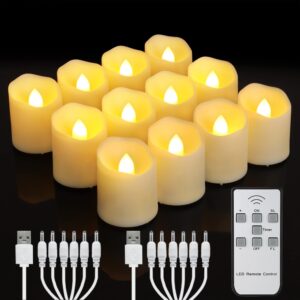 rechargeable flameless votive candles with timer & remote, 12pcs flickering led tea lights candles with 2 usb charging cables, warm white light electric fake candle for home, christmas festival decor