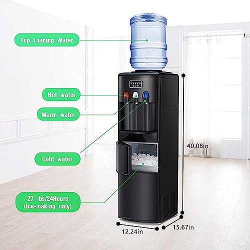 Antarctic Star 2-in-1 Water Cooler Dispenser with Built-in Ice Maker, Hot and Cold Top Loading 3 to 5 Gallon Bottle Water Dispenser,27LBS/24H Ice Maker Machine with Child Safety Lock（Black）