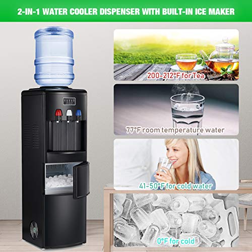 Antarctic Star 2-in-1 Water Cooler Dispenser with Built-in Ice Maker, Hot and Cold Top Loading 3 to 5 Gallon Bottle Water Dispenser,27LBS/24H Ice Maker Machine with Child Safety Lock（Black）