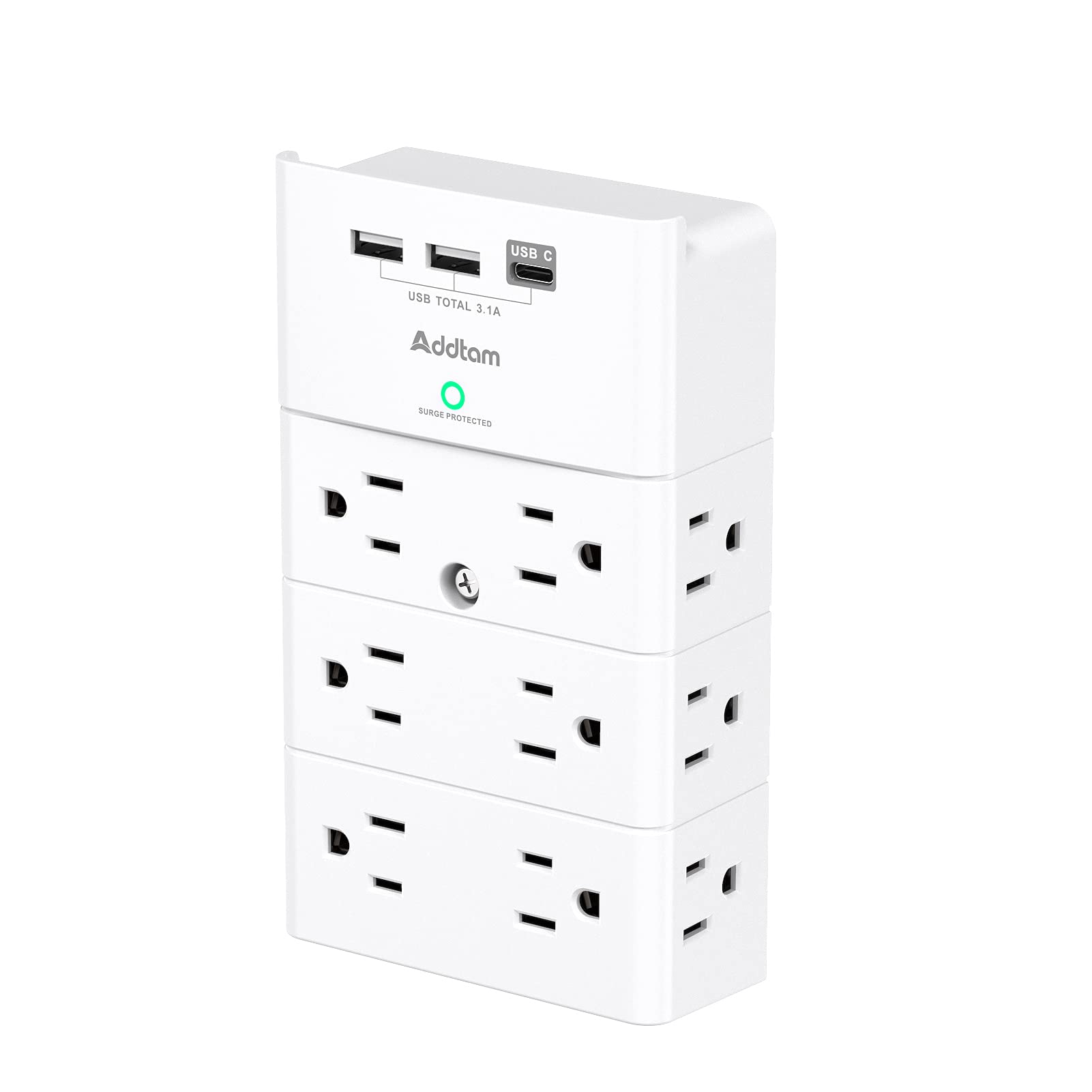 Multi Plug Outlet - Addtam Surge Protector Wall Mount with 12 Outlet Extender- 3 Sides and 3 USB Ports (1 USB-C), Outlet Splitter Power Strip for Home, Office, Hotel, White