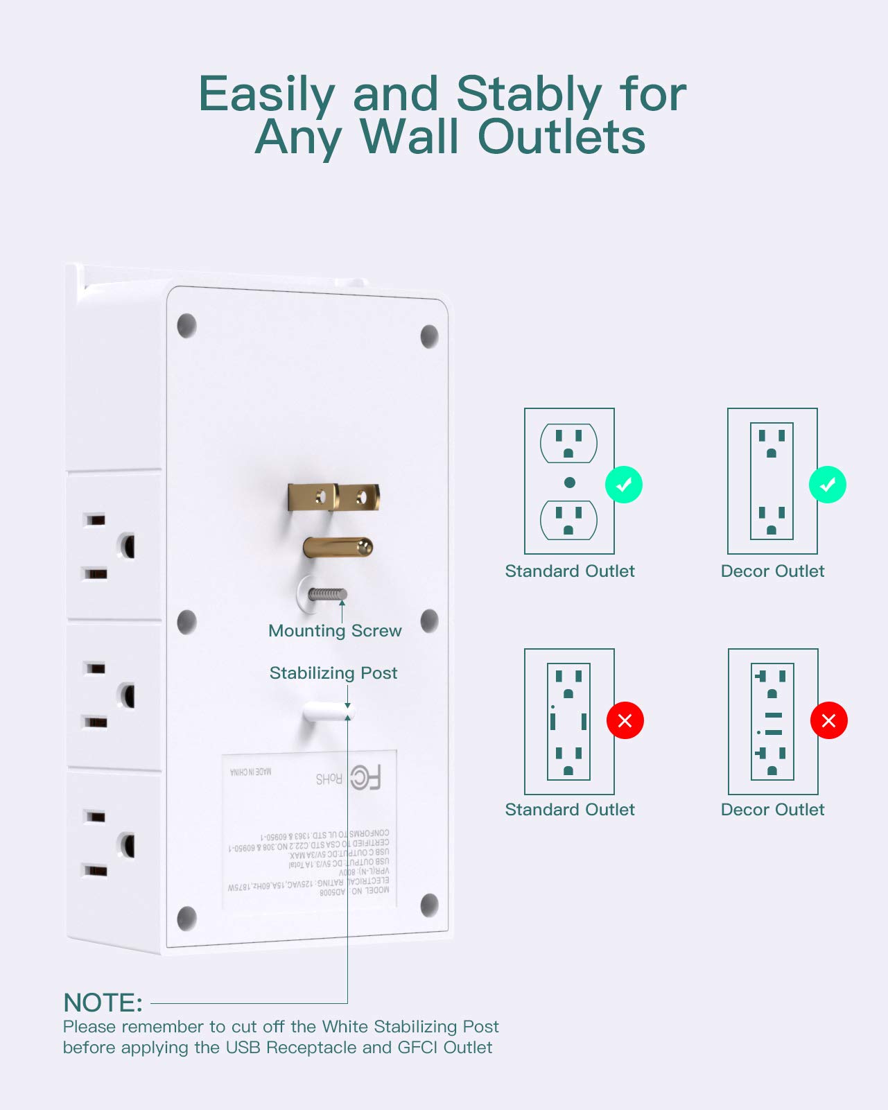 Multi Plug Outlet - Addtam Surge Protector Wall Mount with 12 Outlet Extender- 3 Sides and 3 USB Ports (1 USB-C), Outlet Splitter Power Strip for Home, Office, Hotel, White